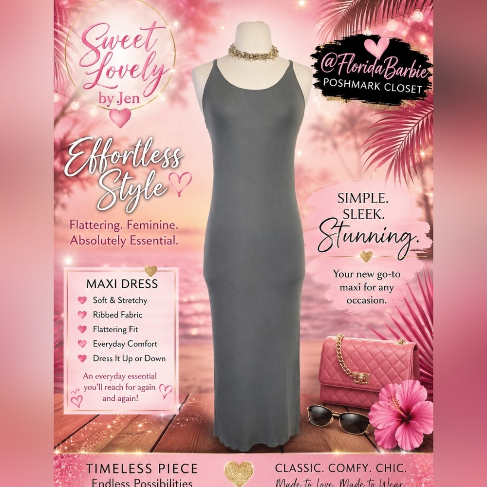 Sweet Lovely By Jen Grey Ribbed Sleeveless Casual Medium Classic Maxi Tank Dress